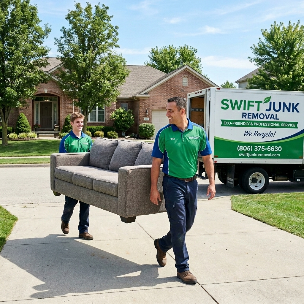 Swift Junk Removal Team carrying a couch